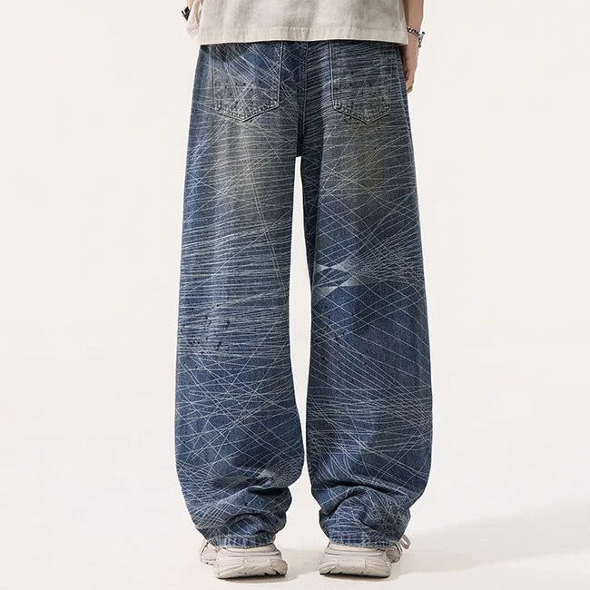 Abstract Line Print Wide Leg Jeans