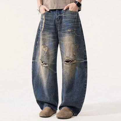 Distressed Wide Leg Jeans in Vintage Blue Wash