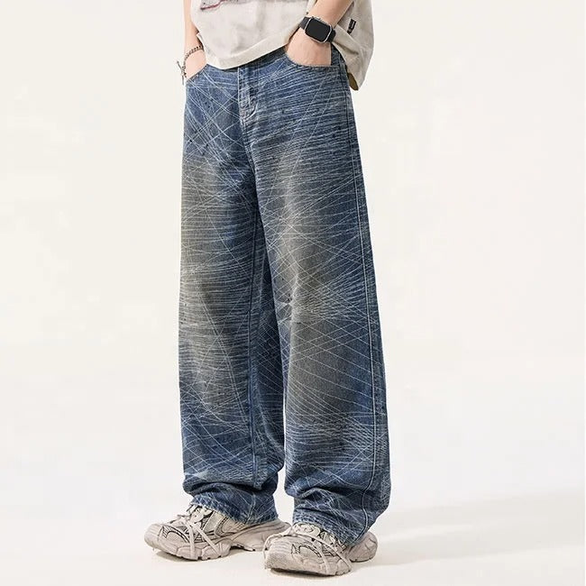 Abstract Line Print Wide Leg Jeans