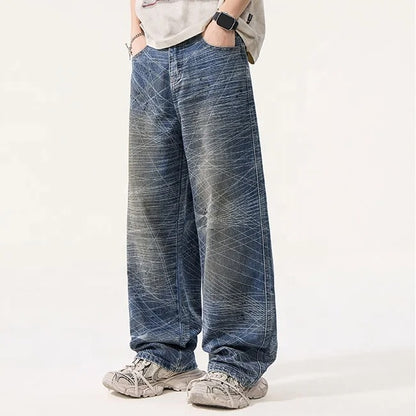 Abstract Line Print Wide Leg Jeans