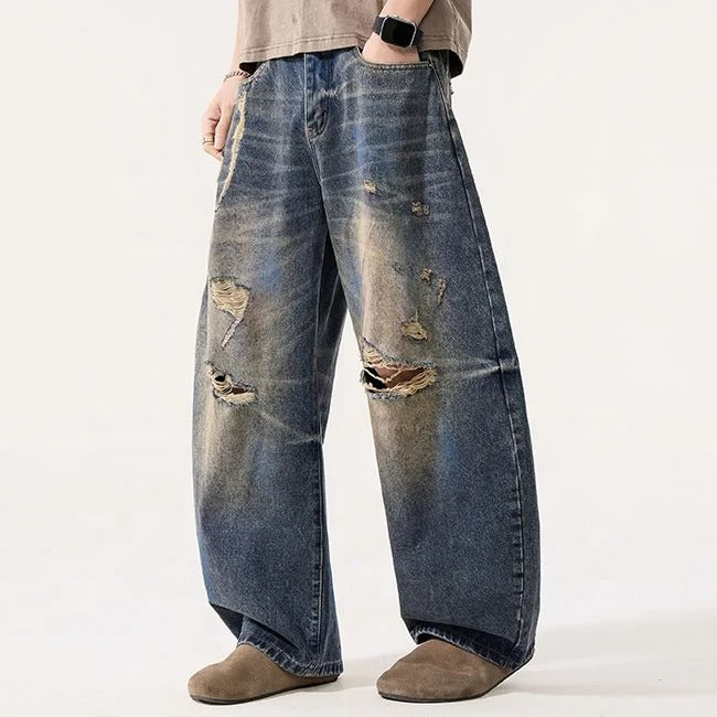 Distressed Wide Leg Jeans in Vintage Blue Wash