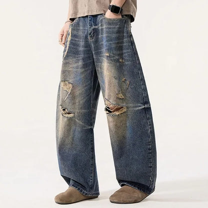 Distressed Wide Leg Jeans in Vintage Blue Wash