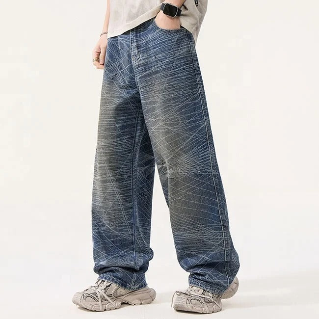 Abstract Line Print Wide Leg Jeans
