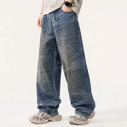 Abstract Line Print Wide Leg Jeans
